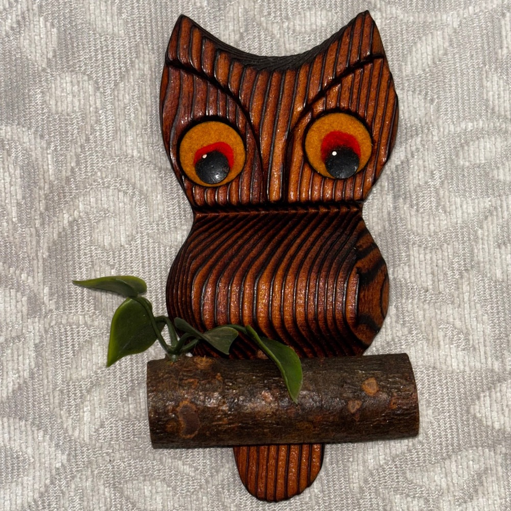 1970 Vintage Green Mountain Wood Owl Wall Hanging Handcrafted Rustic Decor